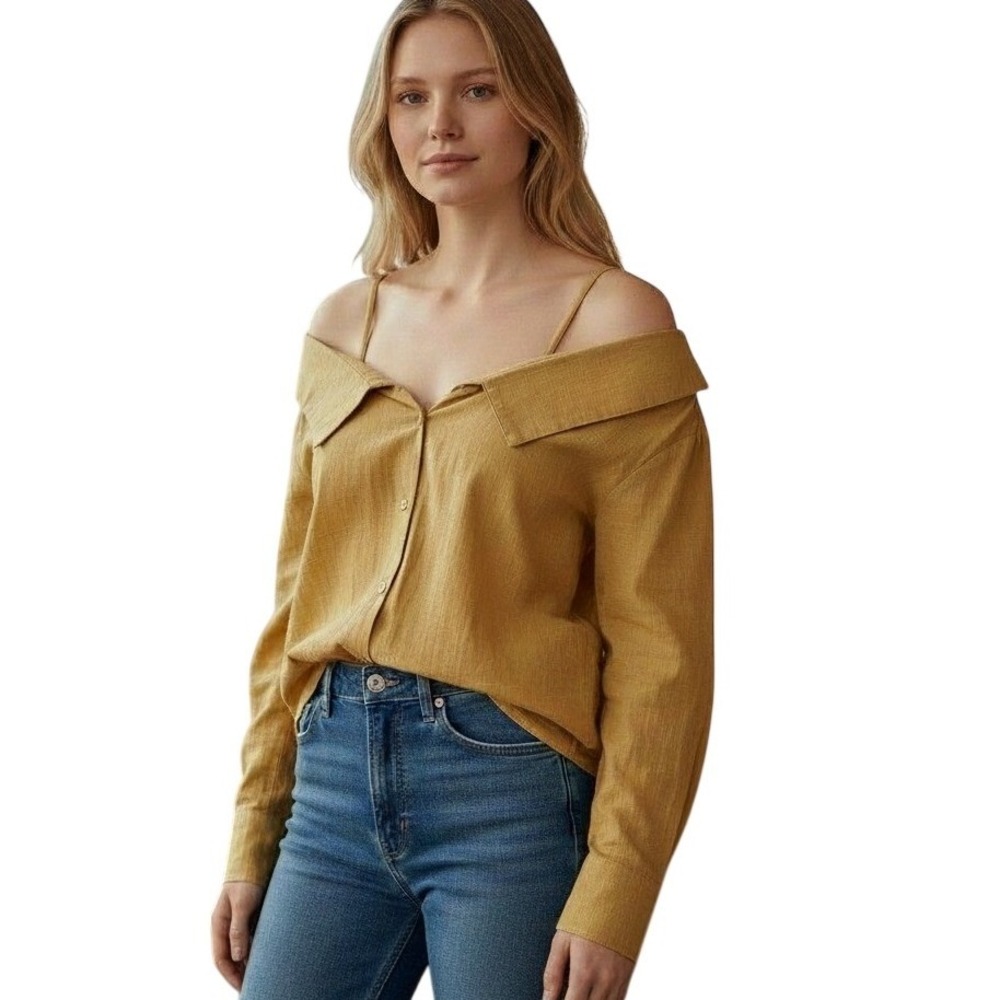 Easel Mustard Yellow Cold Shoulder Button Down Cotton Blouse ET21803 Large NWT